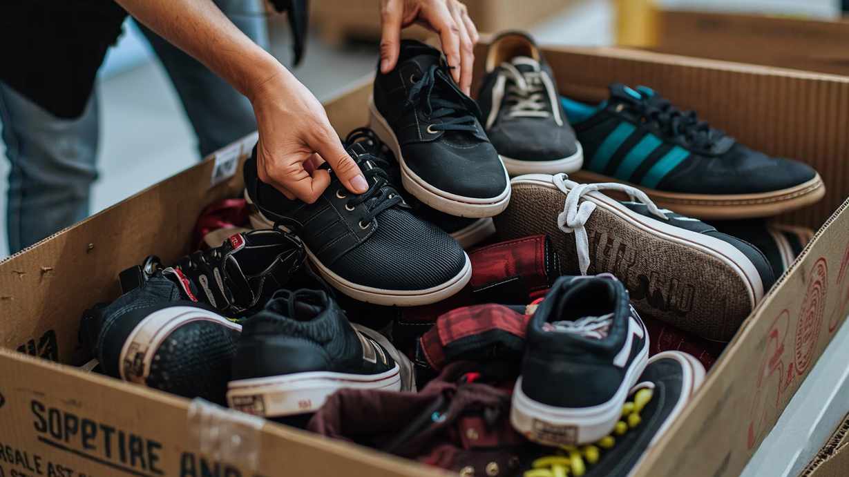 lucid-origin_closup_of_a_Volunteer_sorting_donated_footwear_for_community_aid-0